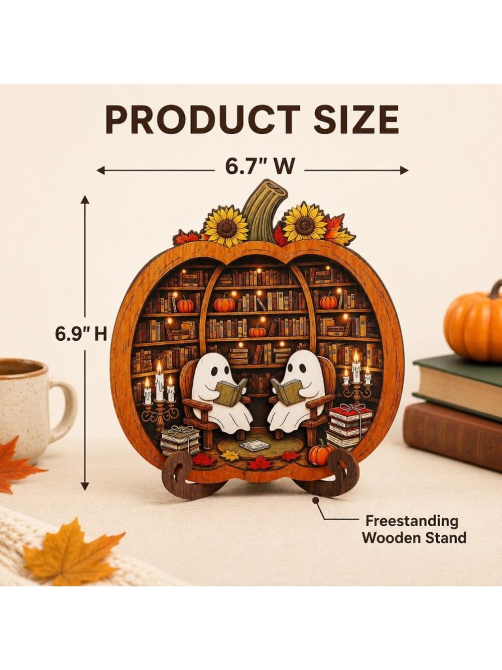 〽️Halloween Pumpkin Decor Cute Ghost Reading Book Wooden Bookshelf Cozy Library - Picture 2 of 6